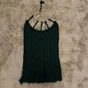 Boho Rustic Macramé Fringe Wall Hanging – Green Yarn & Gold Rings